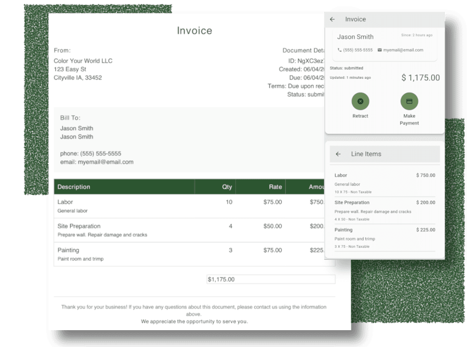 Invoice management showing payment status and client details
