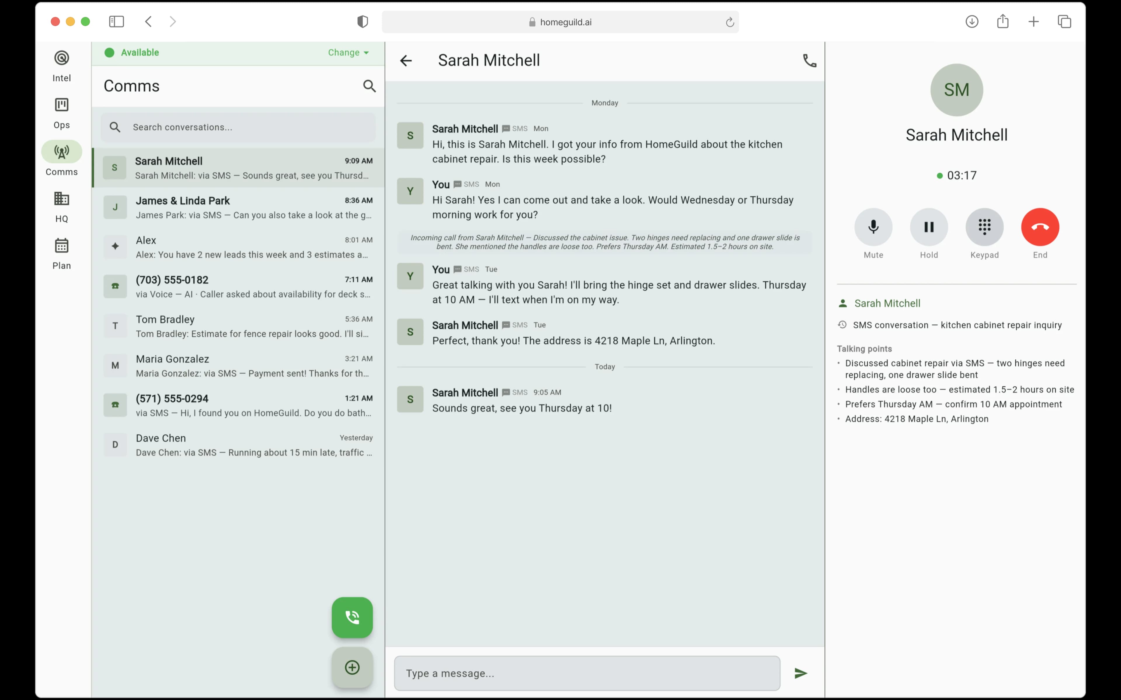 Comms screen showing unified conversation thread with SMS, voice calls, and AI receptionist