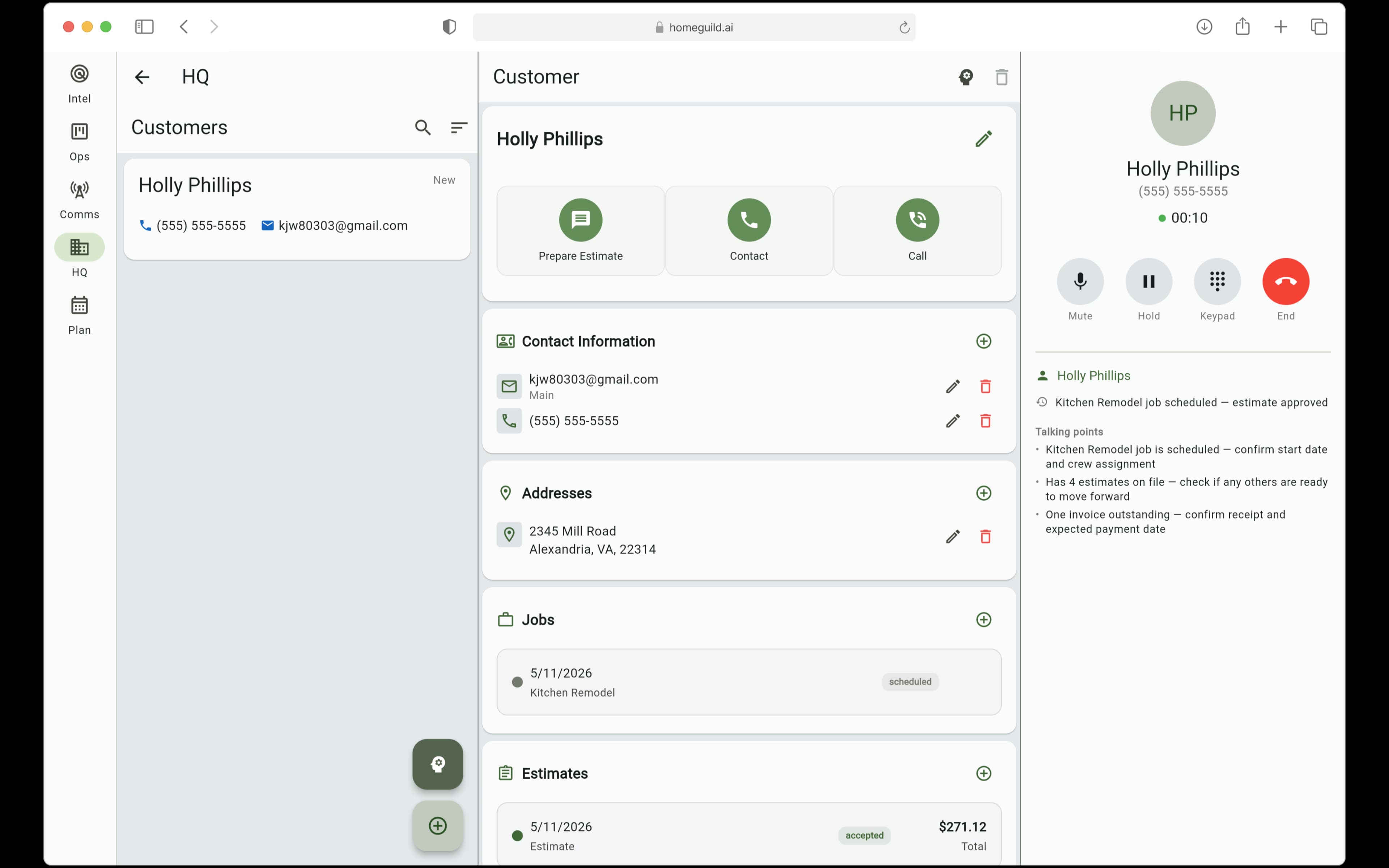 HQ screen showing customer record with integrated jobs, estimates, and invoices