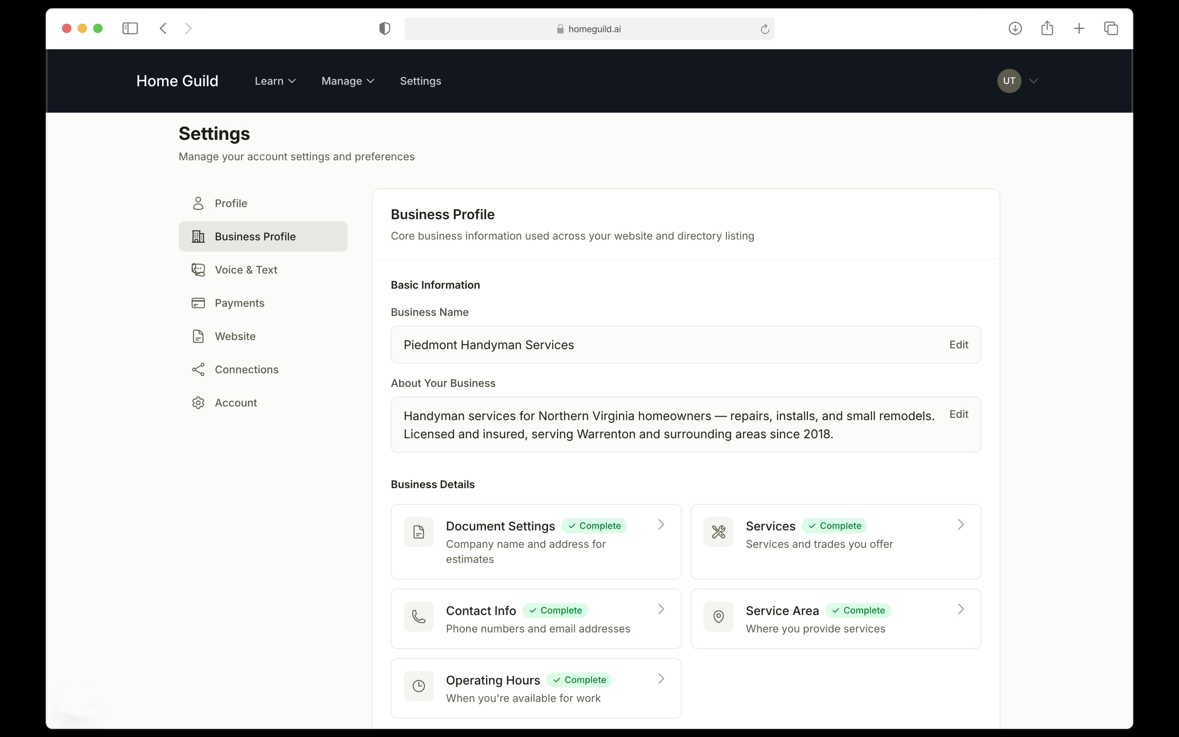 Business Profile settings showing directory listing, services, contact info, and service area configuration